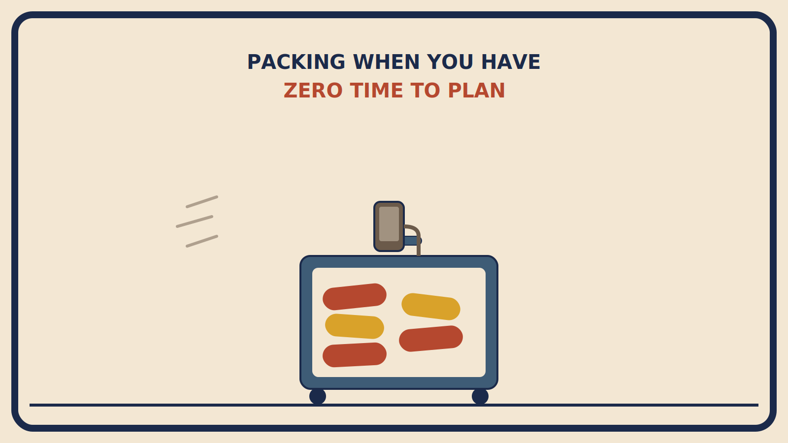 Suitcase with rolled clothing shapes spilling in at angles suggesting motion, with a phone and charger on top
